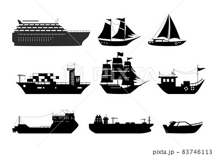 Maritime ships silhouette, shipping boats, sailboat, yacht sailing, cargo cruise ship, steamship, vessel, frigate with sails, battleship, tanker. Water transportation boat tourism transport Maritime ships silhouette, shipping boats, sailboat, yacht sailing, cargo cruise ship, steamship, vessel, frigate with sails, battleship, tanker. Water transportation boat tourism transport 83746113