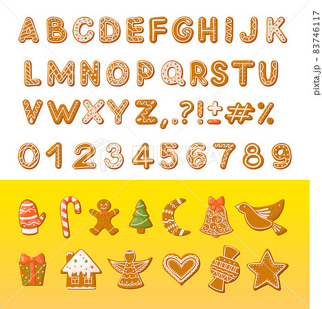 Gingerbread holidays cookies font alphabet. Christmas or New Year winter food with decorated glazed sugar. Gingerbread cookies in shape of arabic font, gift box, heart, lollipop, candy, angel Gingerbread holidays cookies font alphabet. Christmas or New Year winter food with decorated glazed sugar. Gingerbread cookies in shape of arabic font, gift box, heart, lollipop, candy, angel 83746117
