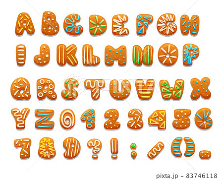 Christmas and New Year holidays gingerbread cookies alphabet. Xmas cartoon cookies alphabet, sweet winter food with decorated glazed sugar, arabic numbers, signs, covered icing-sugar Christmas and New Year holidays gingerbread cookies alphabet. Xmas cartoon cookies alphabet, sweet winter food with decorated glazed sugar, arabic numbers, signs, covered icing-sugar 83746118
