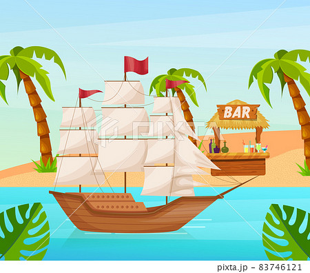 Maritime ships at sea, sailboat, frigate with sails near tropical beach with palm. Water transportation tourism transport cartoon vector Maritime ships at sea, sailboat, frigate with sails near tropical beach with palm. Water transportation tourism transport cartoon vector 83746121