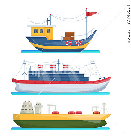 Maritime ships at sea, shipping boats, cargo cruise ship, steamship, vessel, battleship, tanker. Water transportation boat tourism transport vector 83746124