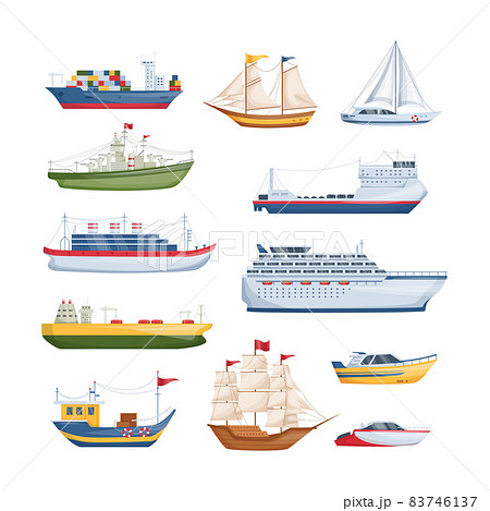 Maritime ships at sea, shipping boats, sailboat, yacht sailing, cargo cruise ship, steamship, vessel, frigate with sails, battleship, tanker. Water transportation boat tourism transport cartoon 83746137