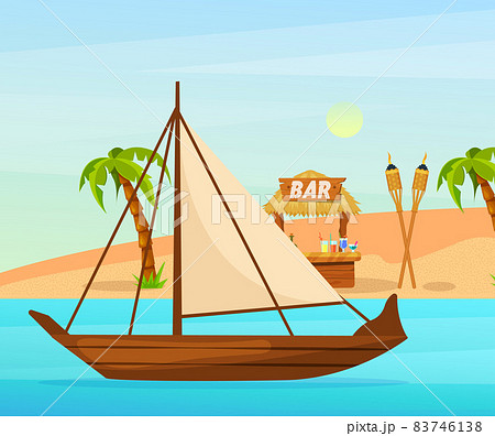 Maritime ships at sea, small boat with sails about Tiki bar with signboard on tropical beach. Water transportation tourism transport vector 83746138