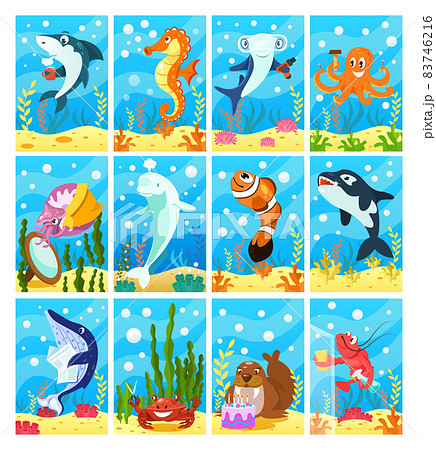 Cute smiling animals and underwater world. Undersea world animals. 83746216