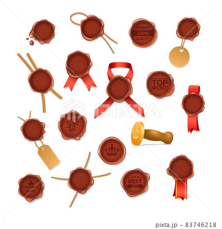 Set realistic retro vintage red seal wax stamps with logos pictograms labels and ribbons. Stamp wax for a certificate, documents, envelopes, certification protection, warranty, quality mark Set realistic retro vintage red seal wax stamps with logos pictograms labels and ribbons. Stamp wax for a certificate, documents, envelopes, certification protection, warranty, quality mark 83746218