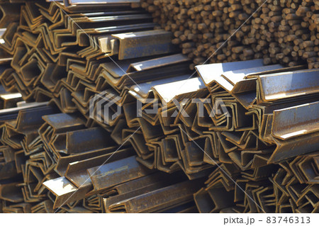 Metal profiles of different kinds are located in the metal products warehouse 83746313