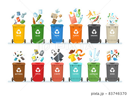 Trash in garbage cans with sorted garbage for organic, paper, plastic, glass, metal, tablets, batteries. Separation of garbage into different containers. Recycling sorting, waste collection 83746370