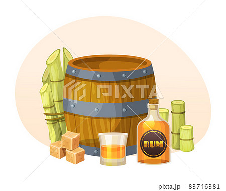 Fresh cane sugar with stem and leaf plants set. Sugarcane plants, cane sugar lumps and cube, glass bottles of rum, bamboo, rum alcoholic liquid. Natural organic alcohol industry food vector 83746381