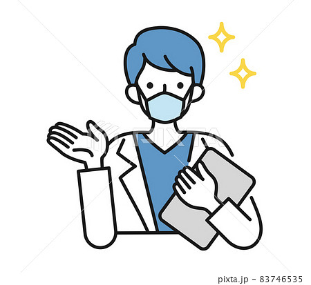 案内や説明をする白衣を着てマスクをした男性の看護師/医師のイラスト素材 83746535