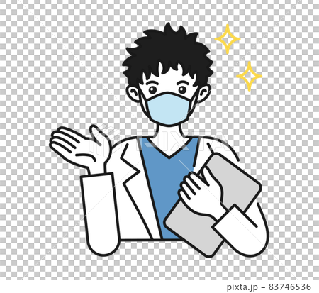 案内や説明をする白衣を着てマスクをした男性の看護師/医師のイラスト素材 83746536