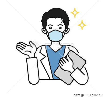 案内や説明をする白衣を着てマスクをした男性の看護師/医師のイラスト素材 83746545