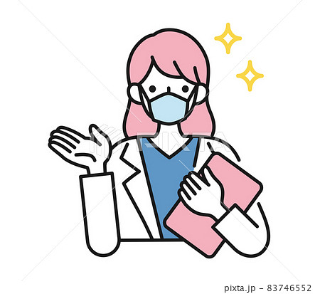案内や説明をする白衣を着てマスクをした女性の看護師/医師のイラスト素材 83746552