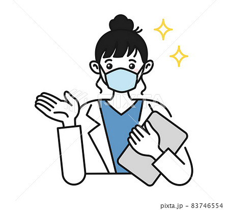 案内や説明をする白衣を着てマスクをした女性の看護師/医師のイラスト素材 83746554