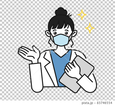 案内や説明をする白衣を着てマスクをした女性の看護師/医師のイラスト素材 83746554