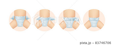 Realistic daper baby. Changing diapers steps. Softly cleanliness newborn for childrens kids. Absorbent layered material protection. Swaddling rules, fixing pampers on baby. 83746706