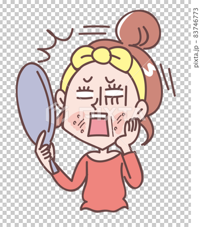 肌荒れを鏡で見てショックを受ける女性 83746773