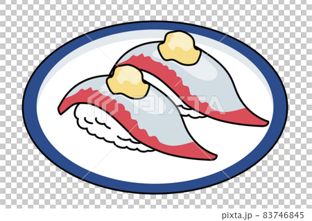 お皿　主線アリ　シンプル漫画　寿司・鮨のイラスト｜アジの握り寿司のイラスト 83746845