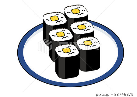 お皿　主線アリ　シンプル漫画　寿司・鮨のイラスト｜たくあんの巻物の握り寿司のイラスト 83746879