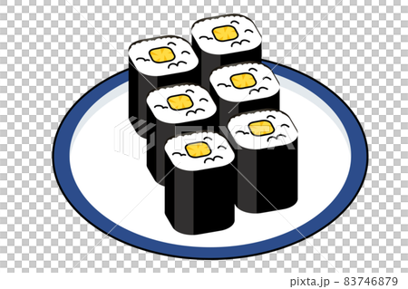 お皿　主線アリ　シンプル漫画　寿司・鮨のイラスト｜たくあんの巻物の握り寿司のイラスト 83746879