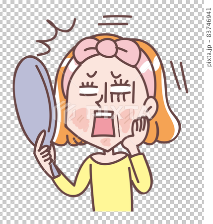 鏡を見て肌荒れにショックを受ける女性 83746941