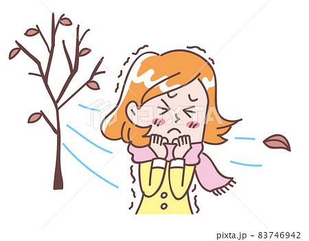 冬の冷たい風に凍える女性のイラスト素材 冬の冷たい風に凍える女性のイラスト素材
