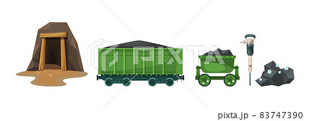 Mining industry equipment. Coal mine, wagons with coal, coal cart, diamonds, jackhammer cartoon vector Mining industry equipment. Coal mine, wagons with coal, coal cart, diamonds, jackhammer cartoon vector 83747390