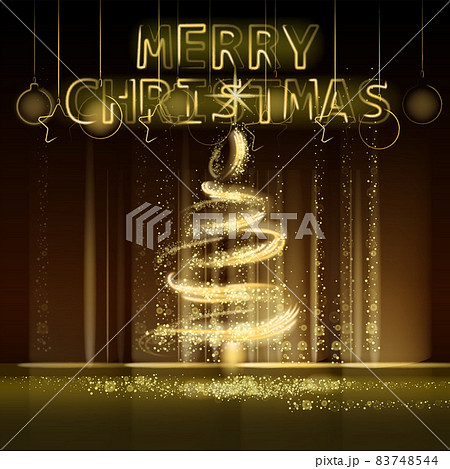 Christmas tree gold lights dust decoration, golden blurred magic glow on dark background. Merry Christmas holiday celebration. Vector illustration banner greeting card Christmas tree gold lights dust decoration, golden blurred magic glow on dark background. Merry Christmas holiday celebration. Vector illustration banner greeting card 83748544