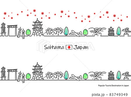 埼玉県の観光地の街並みと新型コロナウイルスのシンプル線画セット 83749349