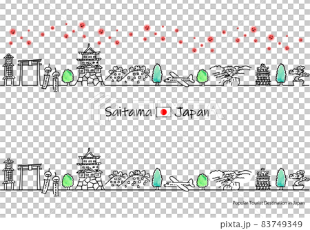 埼玉県の観光地の街並みと新型コロナウイルスのシンプル線画セット 83749349