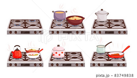 Cook on stove. Pots, frying pan over burning fire. Cooking process, isolated cartoon kitchen vector elements 83749838