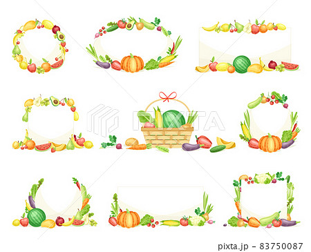 Bright Vegetable Frame with Ripe and Fresh Agricultural Cultivar Vector Set 83750087