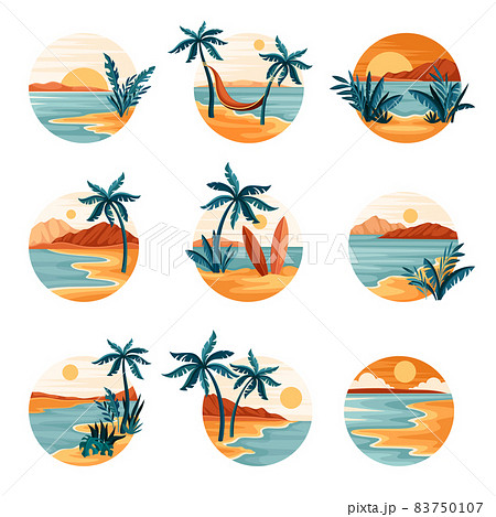 Tropical Landscape with Shining Sun and Sandy Beach with Palm Tree in Circle Vector Set 83750107