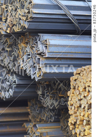 Metal profiles of different kinds are located in the metal products warehouse 83750246