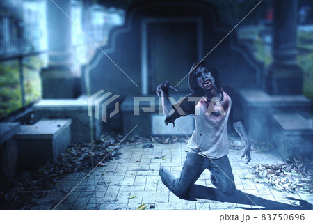 Scary zombie with blood and wound on his body crawling 83750696