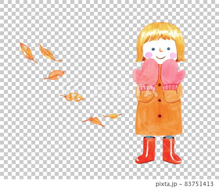 暖かい手袋をつけて笑顔の女の子　舞う枯葉【手描き水彩画】 83751413