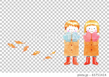 暖かい手袋をつけて笑顔の子供　舞う枯葉【手描き水彩画】 83751414