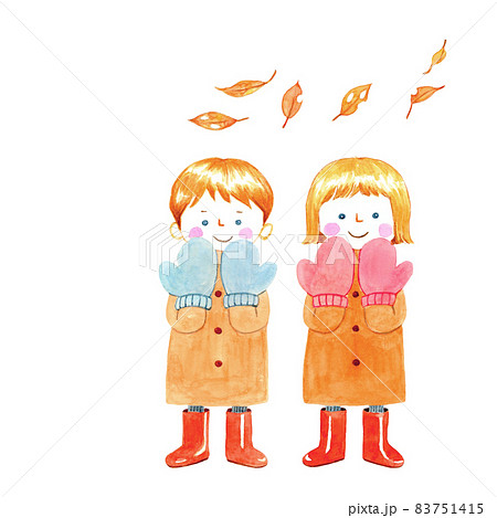 暖かい手袋をつけて笑顔の子供　舞う枯葉【手描き水彩画】 83751415