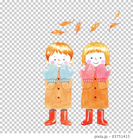 暖かい手袋をつけて笑顔の子供　舞う枯葉【手描き水彩画】 83751415