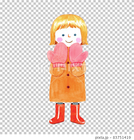 暖かい手袋をつけた笑顔女の子【手描き水彩画】 83751419