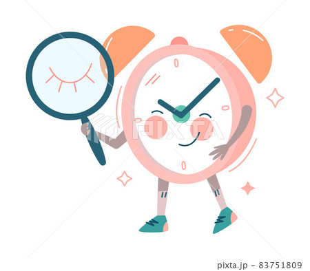 Funny Clock Character with Smiling Face Holding Magnifying Glass with Closed Eye Vector Illustration 83751809