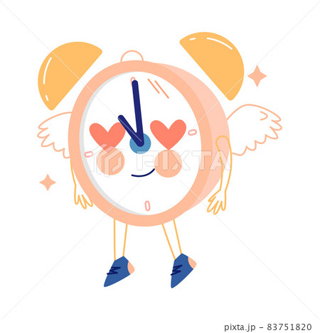Funny Clock Character with Smiling Face Fluttering in Heaven with Wings and Heart in Eyes Vector Illustration Funny Clock Character with Smiling Face Fluttering in Heaven with Wings and Heart in Eyes Vector Illustration 83751820