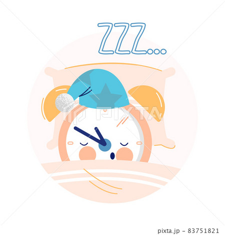 Funny Clock Character in Night Cap Sleeping and Snoring in Bed on Pillow Vector Illustration Funny Clock Character in Night Cap Sleeping and Snoring in Bed on Pillow Vector Illustration 83751821