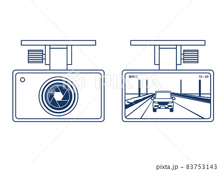 ドライブレコーダーのイラスト　前部ビデオカメラと録画画面液晶ディスプレイのイラストセット昼間モノクロ 83753143