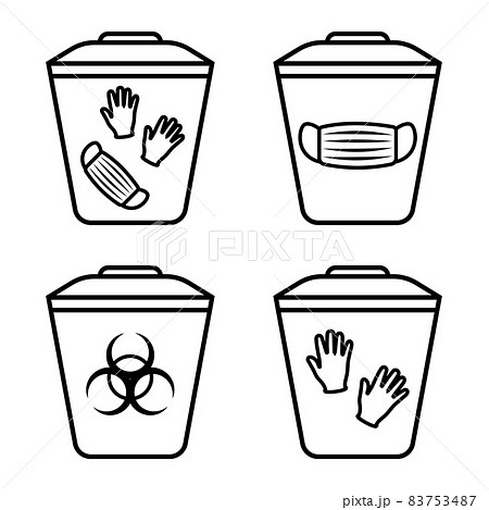 Biohazard waste disposal. Bin, with the symbol of infectious waste. Garbage sorting vector icon. Trash can with Biohazard medical gloves and mask symbol. Editable stroke. Outline. Vector 83753487
