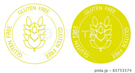 Gluten free vector icon. No gluten stamp. Sign with wheat inside and with lettering gluten free around. Yellow label for food package without gluten or for dietetic product nutrition 83753574
