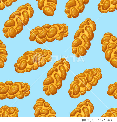 Loaf Challah Holiday jewish braided seamless pattern. Saturday bread on blue isolated background. Vector cartoon illustration of food. 83753631