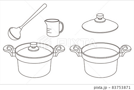 両手鍋とお玉と計量カップのシンプル線画イラスト 83753871