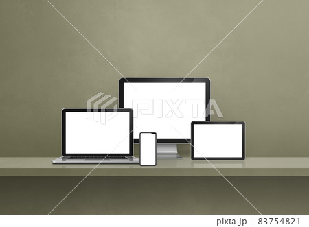 Computer, laptop, mobile phone and digital tablet pc. green shelf banner 83754821