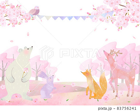 森の動物が満開の桜の木の下にいる春の北欧風かわいいフレームイラストベクター素材 のイラスト素材