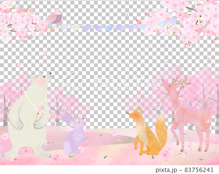 森の動物が満開の桜の木の下にいる春の北欧風かわいいフレームイラストベクター素材  83756241